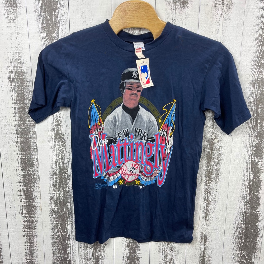 Vintage DON MATTINGLY T-Shirt Mens L 1990 NY YANKEES  SALEM Blue Old Stock NWT